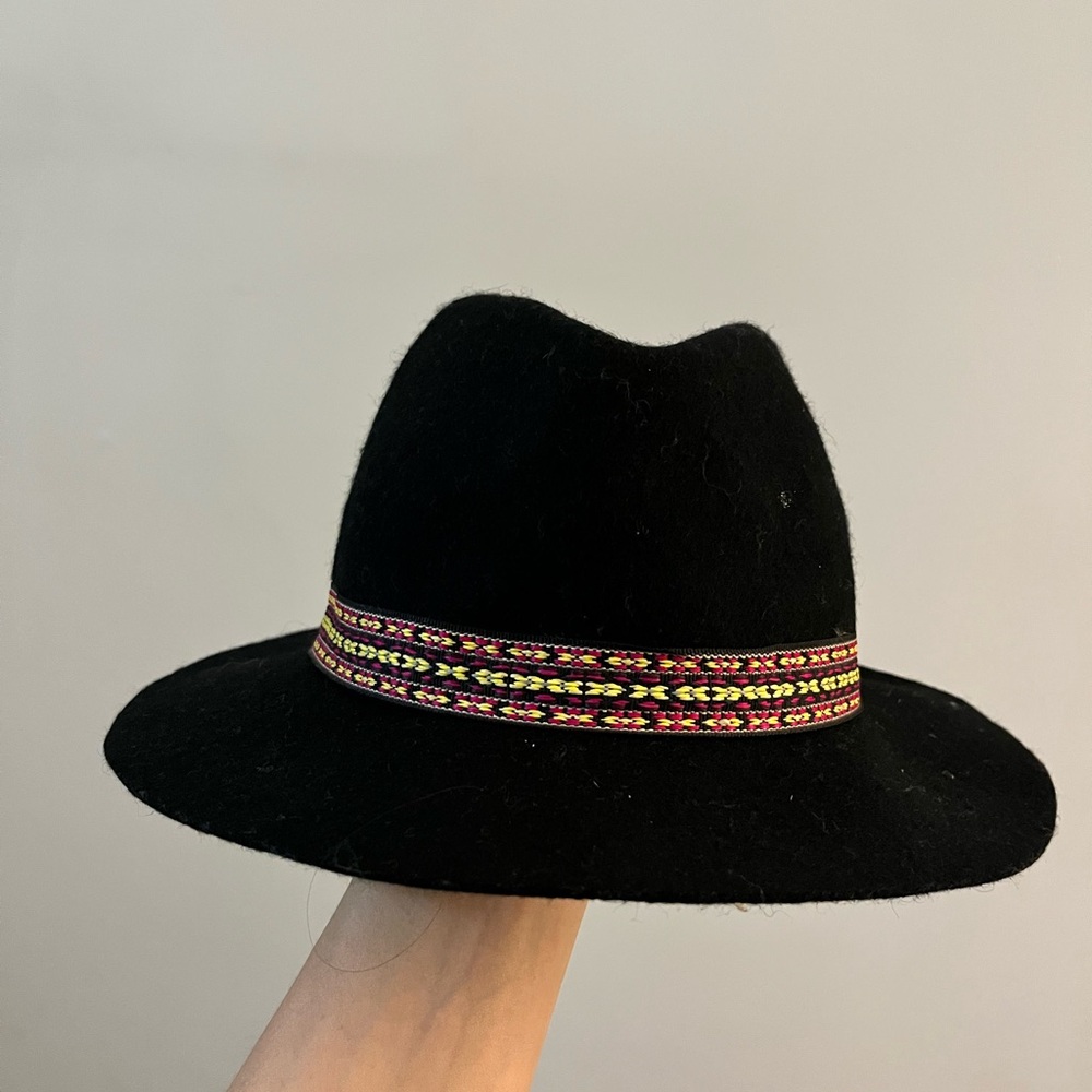 Cost Plus World Market Black Felt Fedora with Multicolor Woven Band